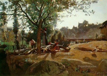 Campesinos bajo los árboles al amanecer Morvan plein air Romanticismo Jean Baptiste Camille Corot Pinturas al óleo